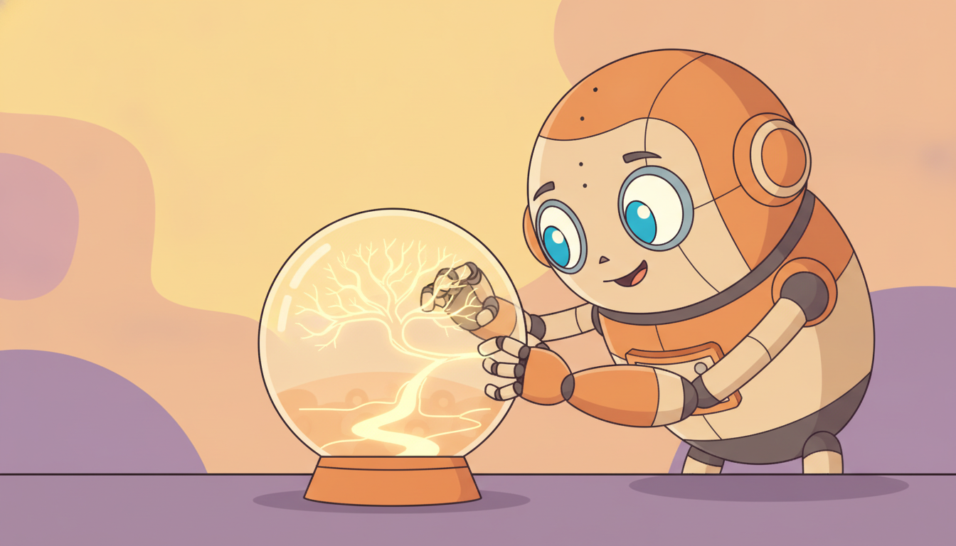 A robot gazes into a crystal ball showing branching future roads and plucks its preferred branch, foreseeing and choosing in one motion.