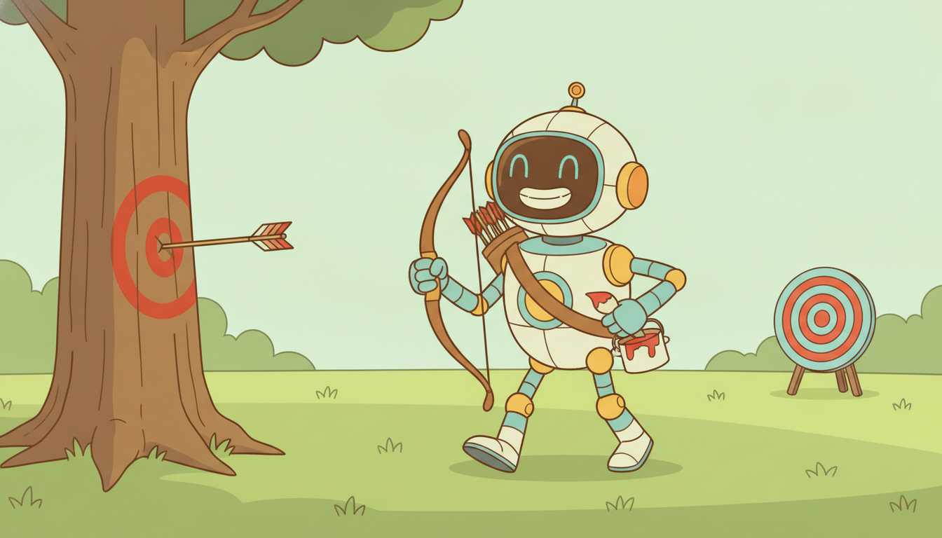A robot archer misses the target, then paints a new bullseye around wherever the arrow actually landed and celebrates a perfect hit.