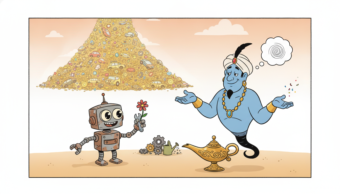 A genie cheerfully grants a modest wish but can only shrug and produce a tiny puff when a robot demands riches grander than anything it has ever seen.