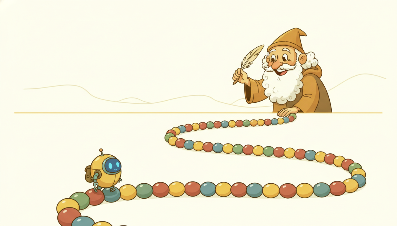 A robot's winding journey curls into a flowing string of colored beads while a scribe reads it left to right like a sentence.