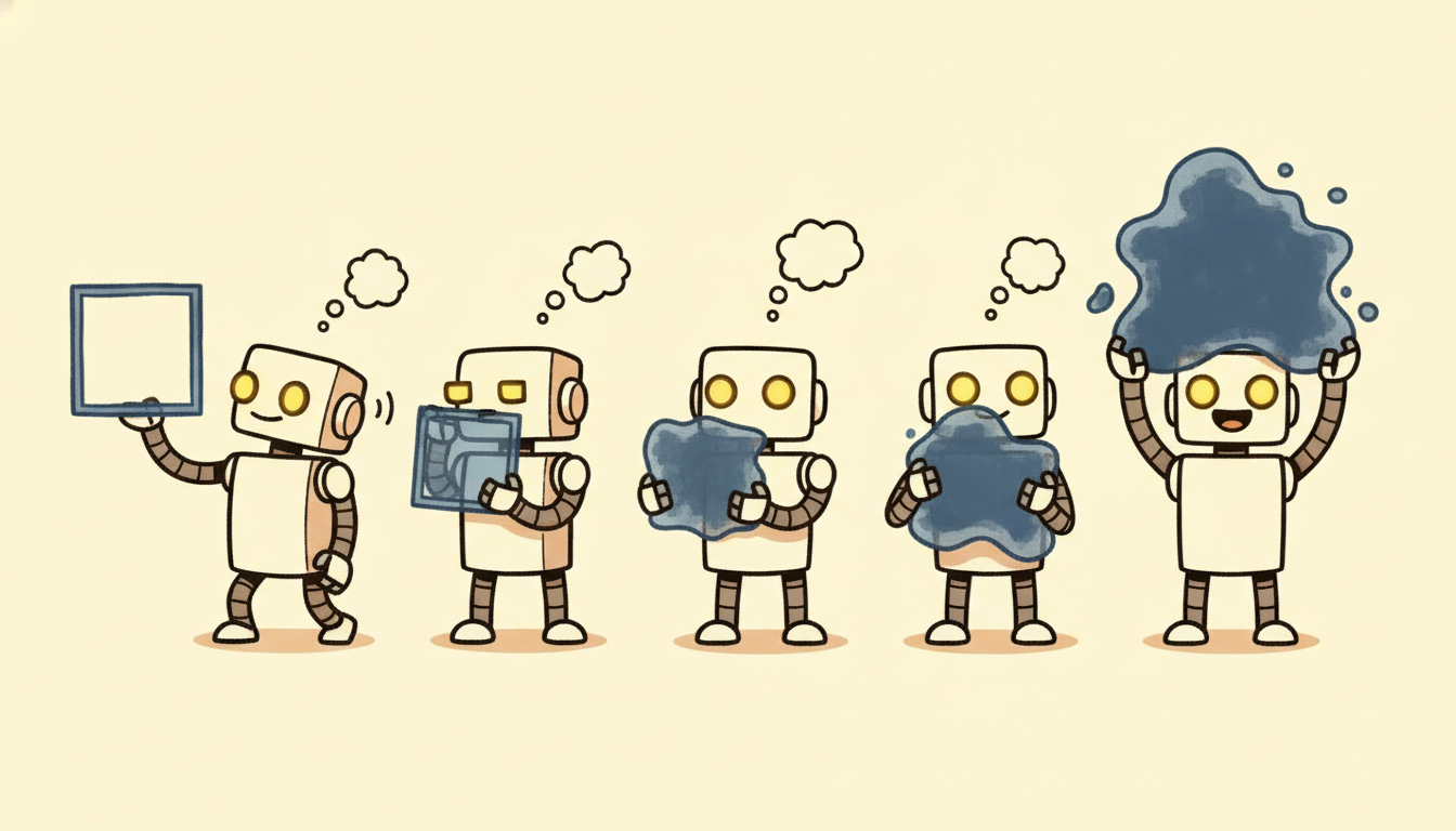 A row of robots passes a prediction down a line like telephone, each version more distorted until the last holds an unrecognizable blob, illustrating how small per-step model errors compound over long horizons.
