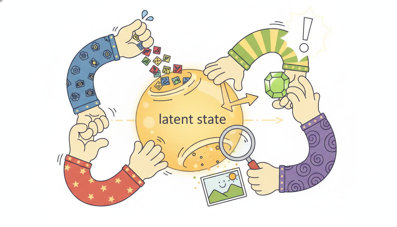 Four hands work around one glowing latent state orb, one encoding observations in, one advancing it forward, one reading reward, one decoding observations back out, showing the four cooperating components of a world model.