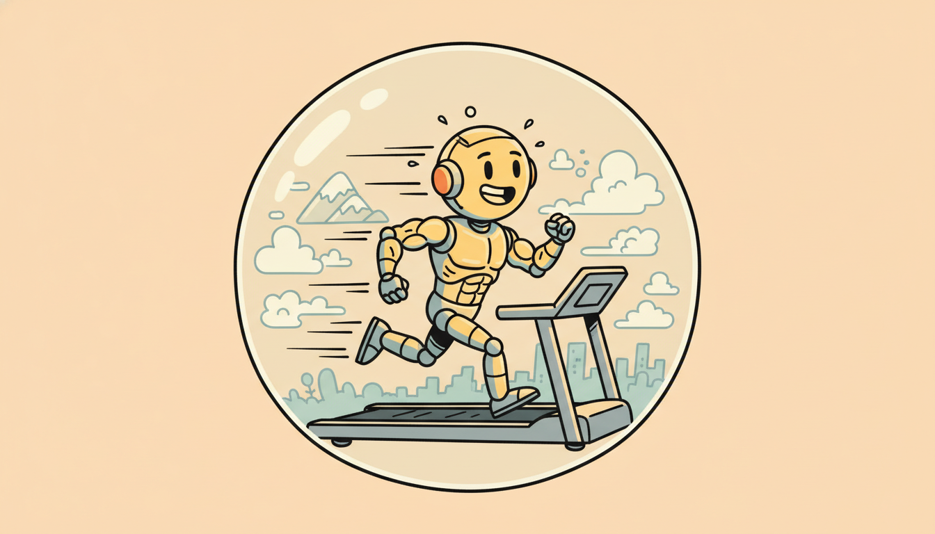 A robot trains hard on a treadmill inside a dreamlike bubble, improving its running without moving anywhere, illustrating how Dreamer learns behavior from imagined rollouts instead of real environment steps.