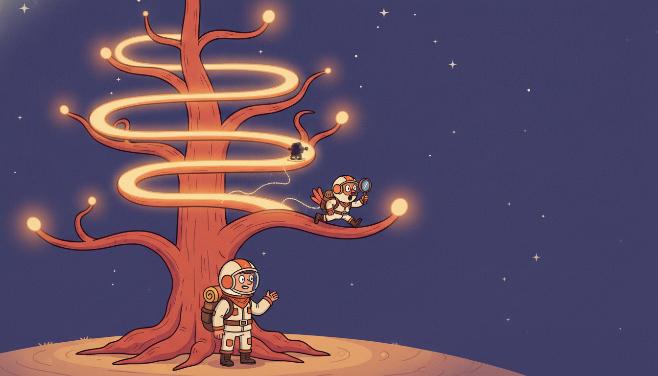 An explorer at the base of a branching tree sends a scout down one branch to peek ahead and carries a glowing value back up to brighten that path, depicting the select, expand, evaluate, backup loop of Monte Carlo Tree Search.
