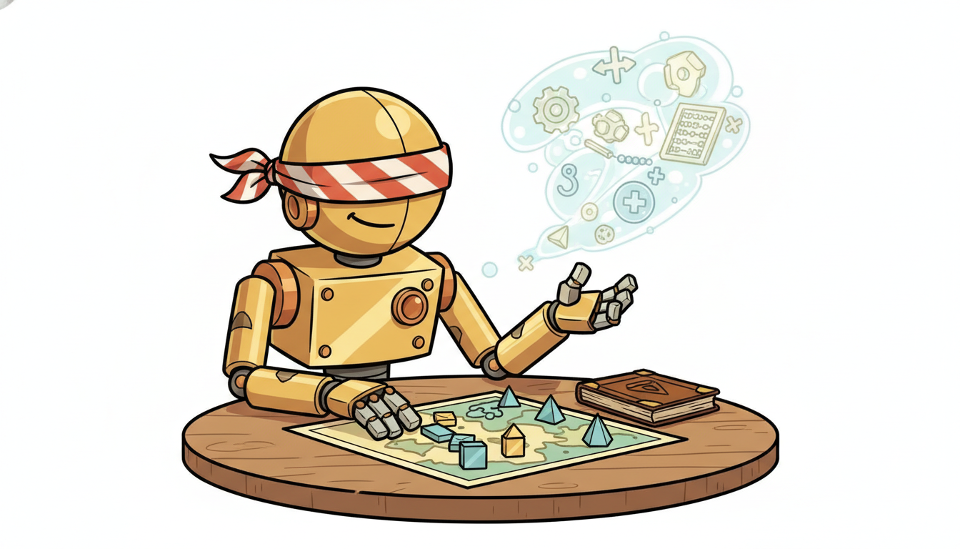 A blindfolded robot plays a board game expertly by consulting its own invented imaginary pieces rather than the real rules, illustrating how MuZero plans with a learned latent model instead of a given simulator.