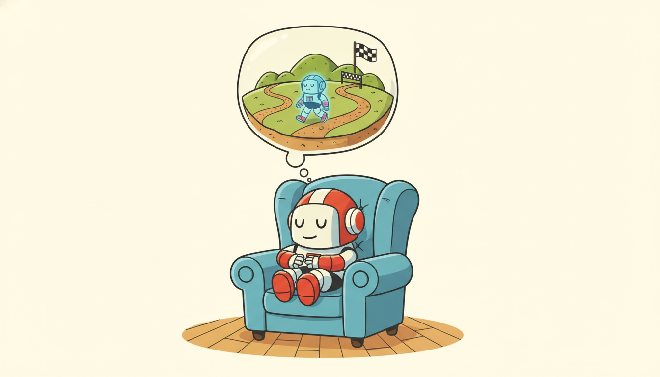 A robot dozing in a chair imagines a tiny world inside its thought bubble and practices a route there, showing that a world model lets an agent plan by imagining instead of acting.