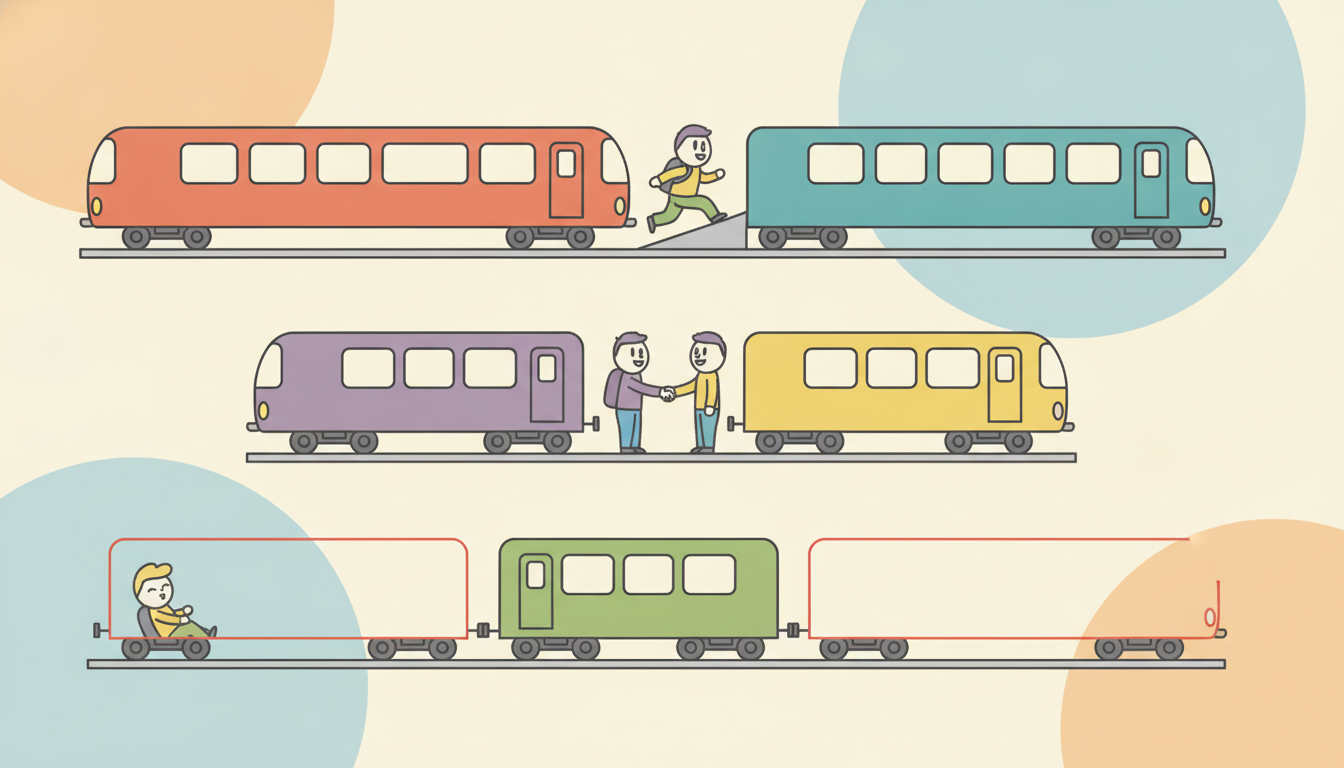 Two trains of different lengths on parallel tracks, one overlapping the other and a third meeting exactly end to end, picturing how two time intervals can overlap, meet, or nest.