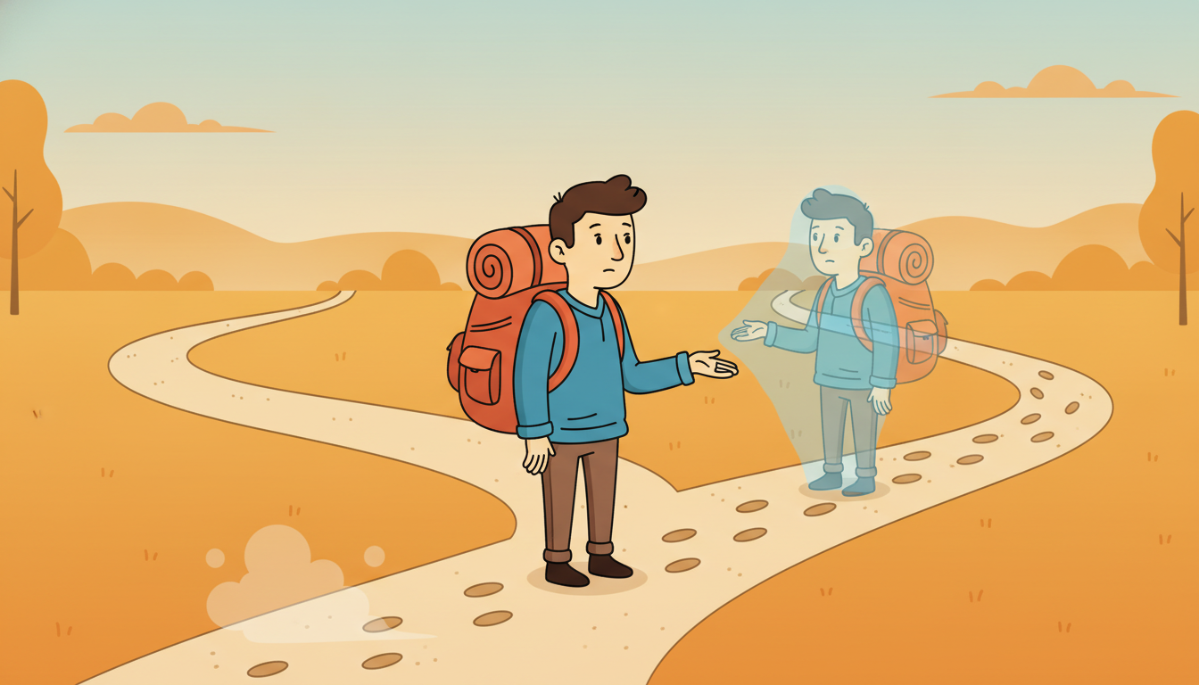 A traveler who took the left fork imagines a translucent ghost of themselves walking the untaken right fork, sharing the same backpack and starting point, picturing a counterfactual replay.