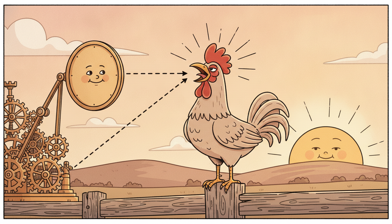 A smug rooster crows just before sunrise and takes credit for it, while a hidden mechanism is what actually drives the sun, showing that reliable prediction is not causation.