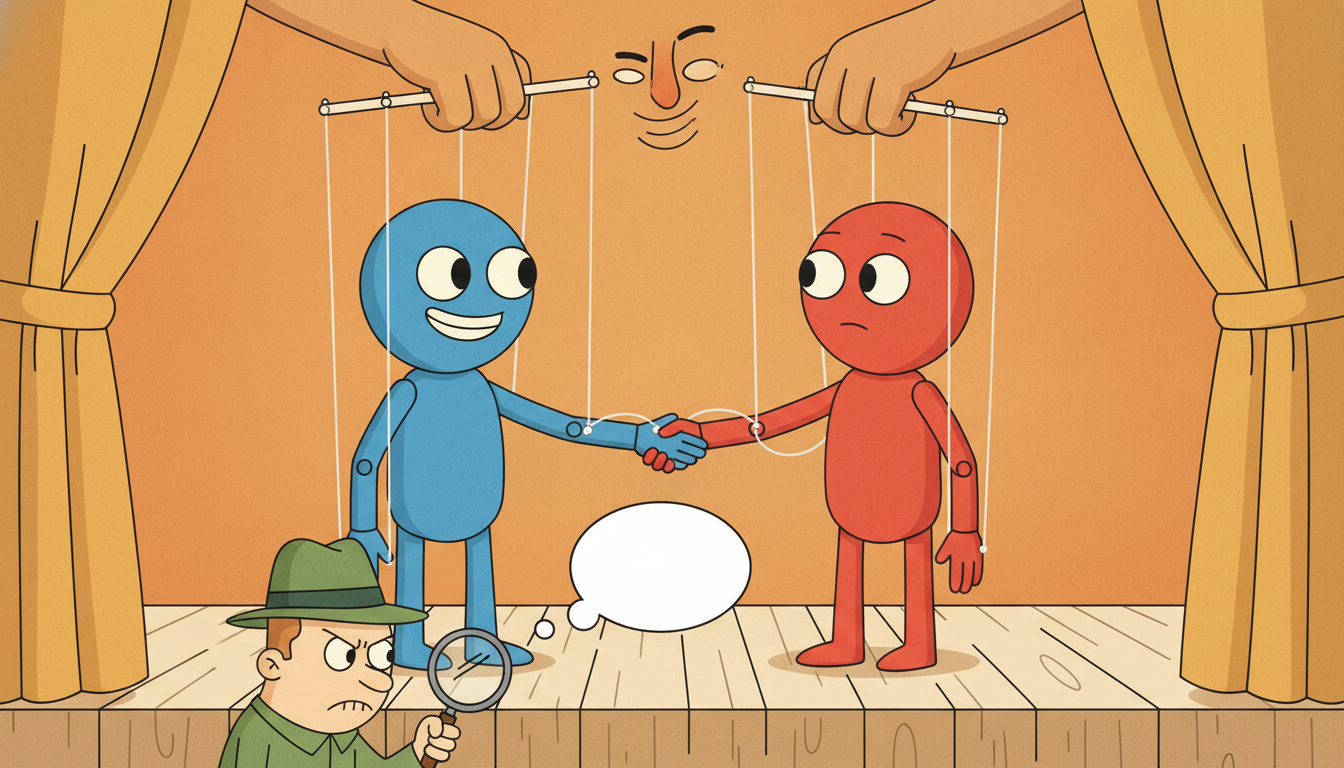 Two puppets seem to move each other while a hidden puppeteer above pulls both strings and an investigator below sees only the puppets, depicting a hidden confounder faking a causal link.