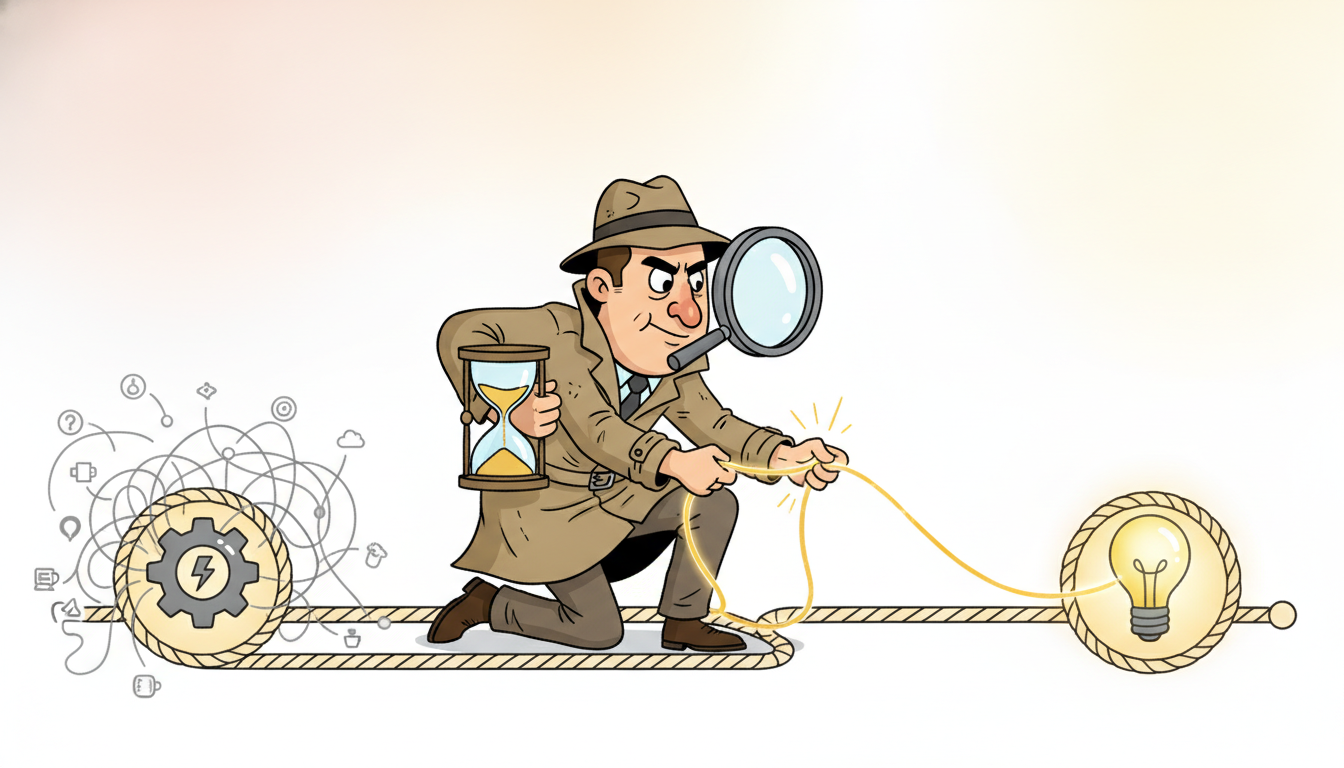 A cartoon detective on a timeline rope tugs the one string that genuinely links an earlier event to a later one, ignoring tangled unrelated strings, while holding an hourglass.