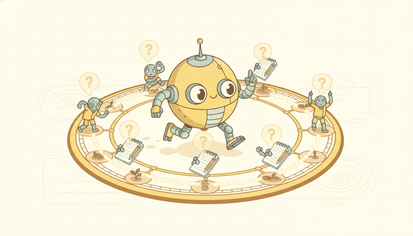 A robot runs around a circular clock shaped track, sensing then thinking then acting at each station in an endless loop.