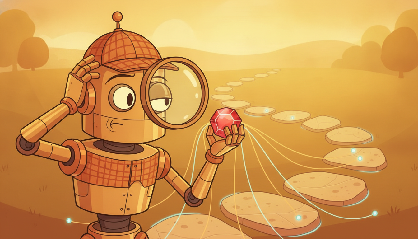 A robot detective at a trail's end holds one reward gem and peers back through a magnifying glass to find which distant step earned it.