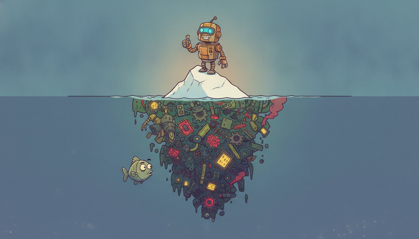 A robot celebrates on the small visible tip of an iceberg while the huge hidden underwater mass of wasted effort goes uncounted.