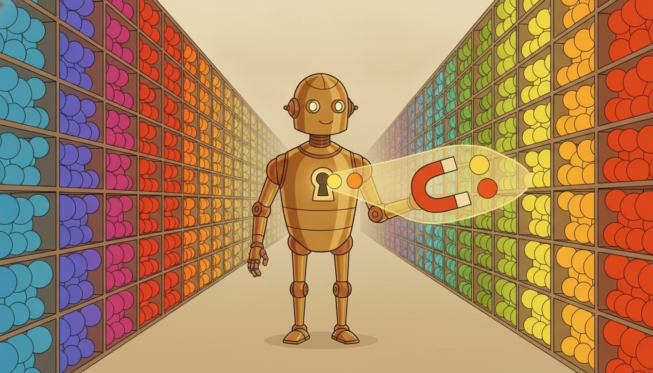 A robot librarian uses a magnet to draw a few matching colored memory orbs from color clustered shelves toward a keyhole in its chest.