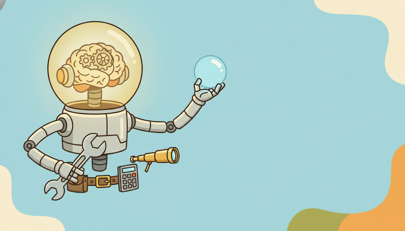 A robot reaches outside its own glowing thought bubble to grab real tools from a belt, each returning a fresh fact.