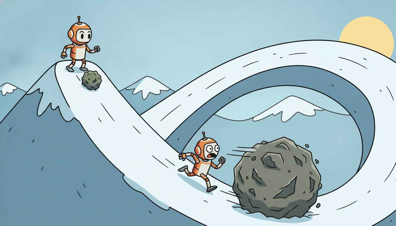 A robot starts a tiny snowball of one wrong belief that rolls into a giant boulder chasing it down a looping slope.