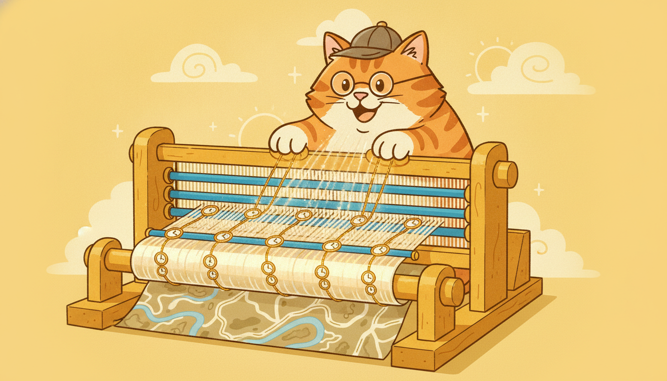 A cat weaves a fabric whose horizontal threads are a map and whose vertical threads are clocks, knitting space and time into one cloth.