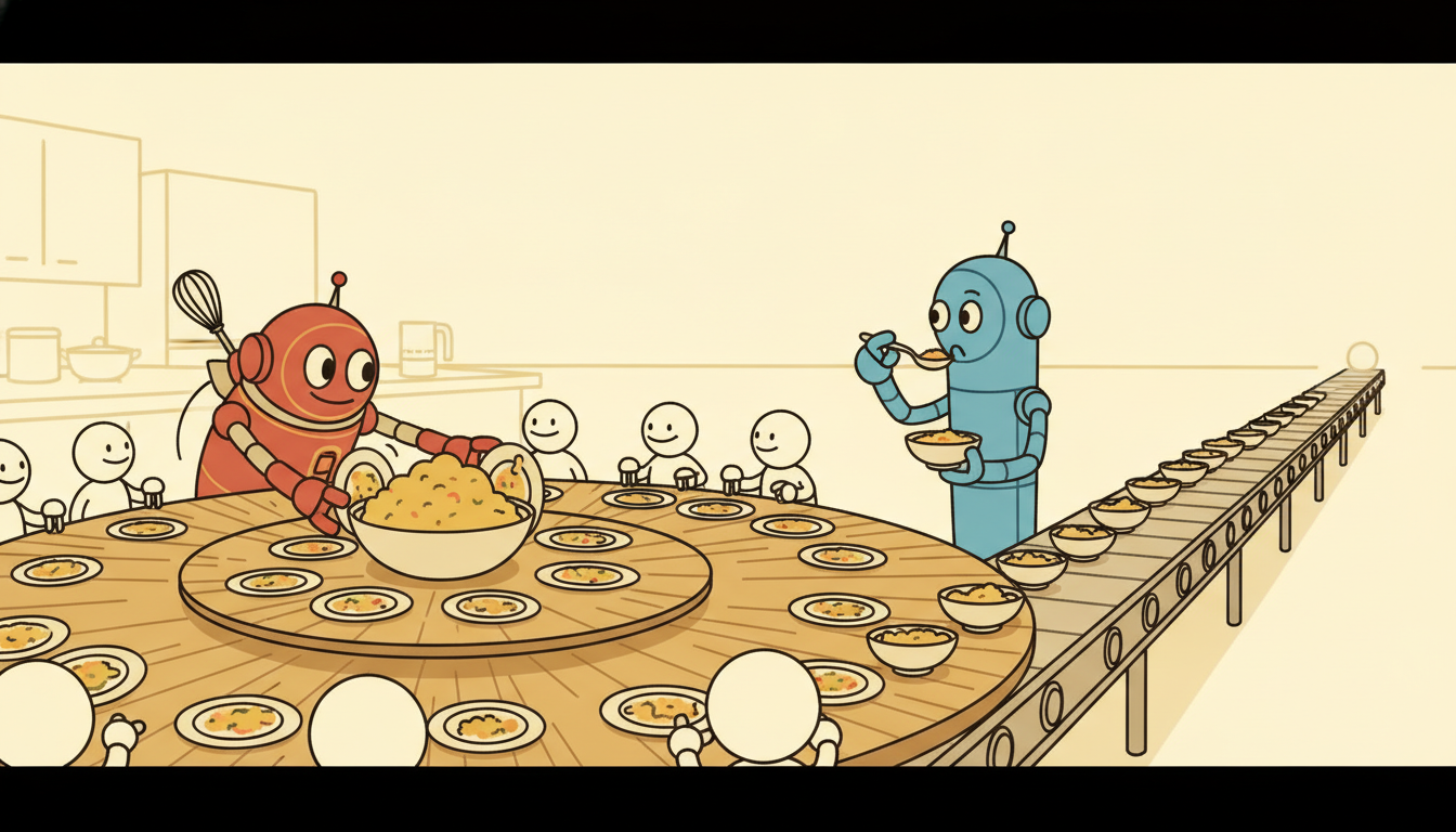 One robot blends plates with neighbors around a table, then hands the dish to a second robot tasting a long row of bowls that stretch into the distance.
