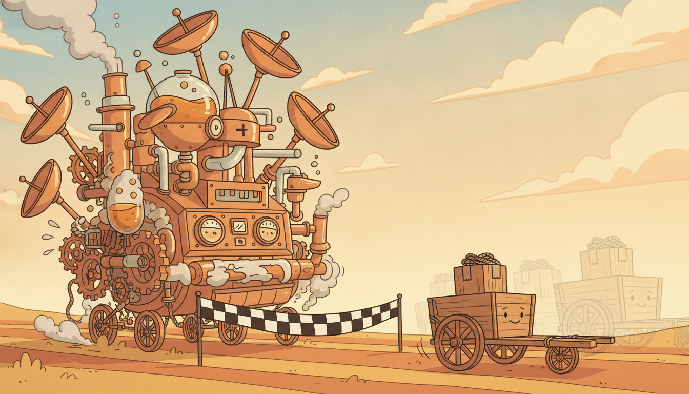 An enormous overengineered machine of gears and antennae is beaten across a finish line by a plain little cart that just repeats yesterday's load.