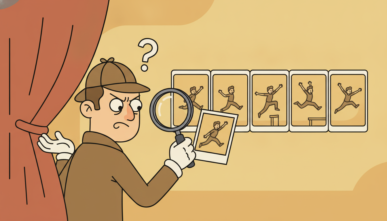 A detective is baffled by a single still photo of a blurred pose while a flip-book of the same motion behind a curtain plainly shows a leap.