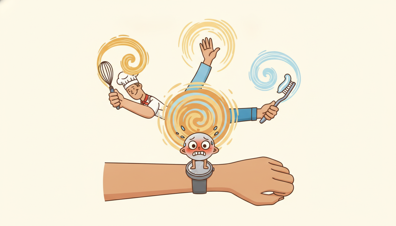 A small overwhelmed wrist sensor watches three different activities, whisking, waving, and tooth brushing, all produce the same swirling arm motion.