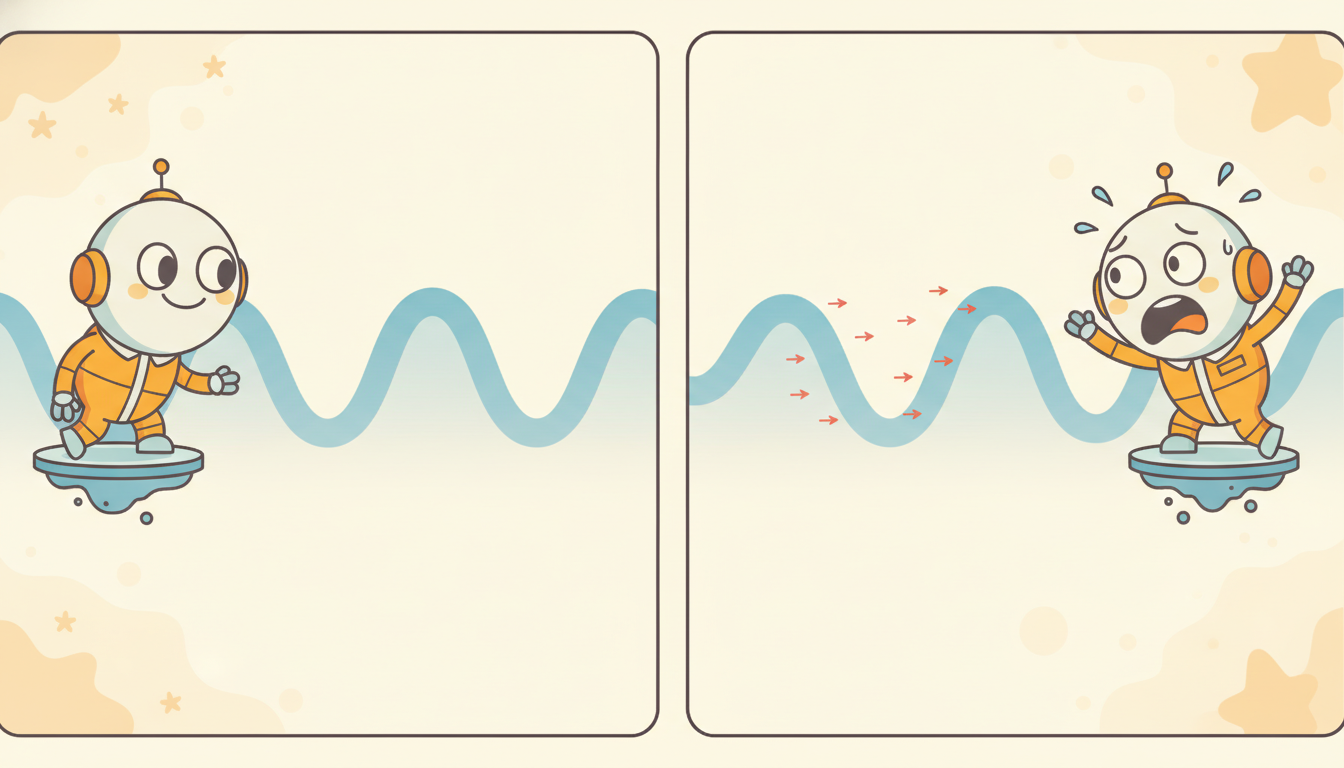 Two almost identical signal curves where a tiny invisible nudge on one makes a robot reader flip from calm confidence to alarm.