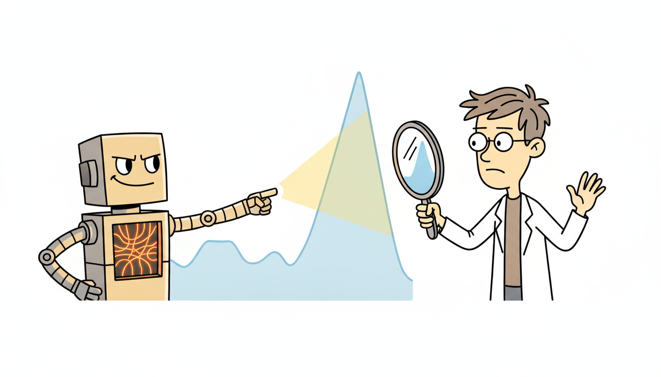 A robot spotlights one point on a curve to explain itself while a scientist's mirror reveals the model truly attended elsewhere.