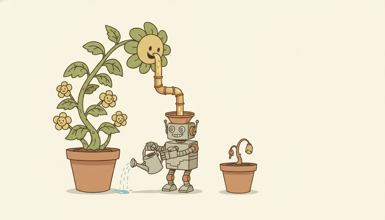 A robot repeatedly waters one flowerpot while a feedback pipe loops that plant's growth back to justify the choice, leaving the other pot wilting.