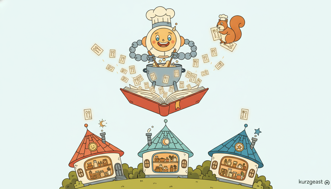Houses keep private groceries inside and send only small recipe cards to a central robot chef who combines them, rather than shipping the food itself.