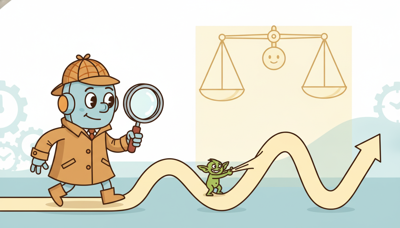 A robot detective inspects a wavy timeline with a magnifying glass while a gremlin nudges the curve and a fairness scale hovers above keeping it balanced.