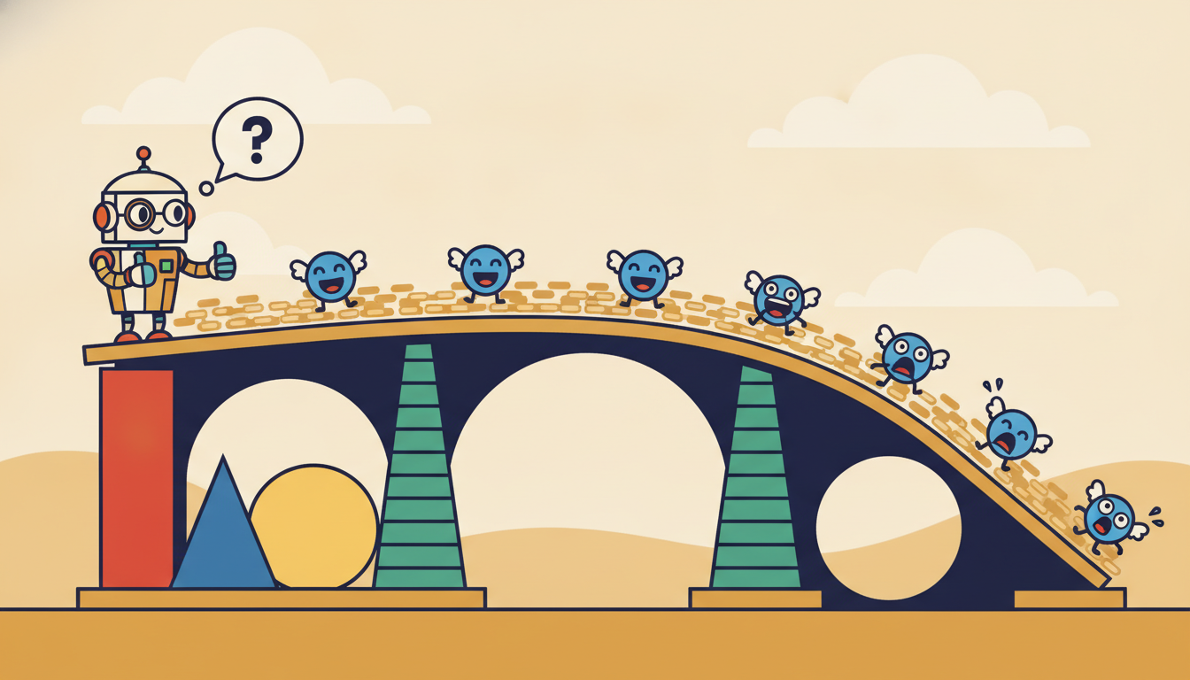 A bridge carrying a data stream rests on several different pillars while a robot inspector checks each one, showing the span fails if any pillar is missing.