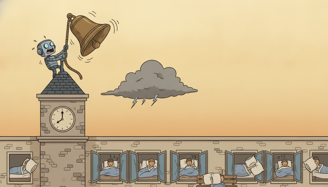 A frantic robot watchman rings a giant bell nonstop while the town sleeps with pillows over their ears, missing a real storm cloud drifting in behind him.