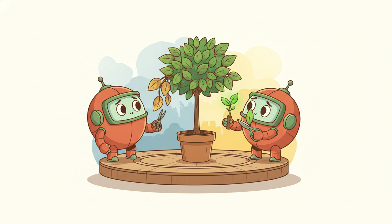 A robot gardener on a turning carousel watches a potted model wilt as its surroundings shift color, then grafts a fresh green sprout in an endless renewal loop.