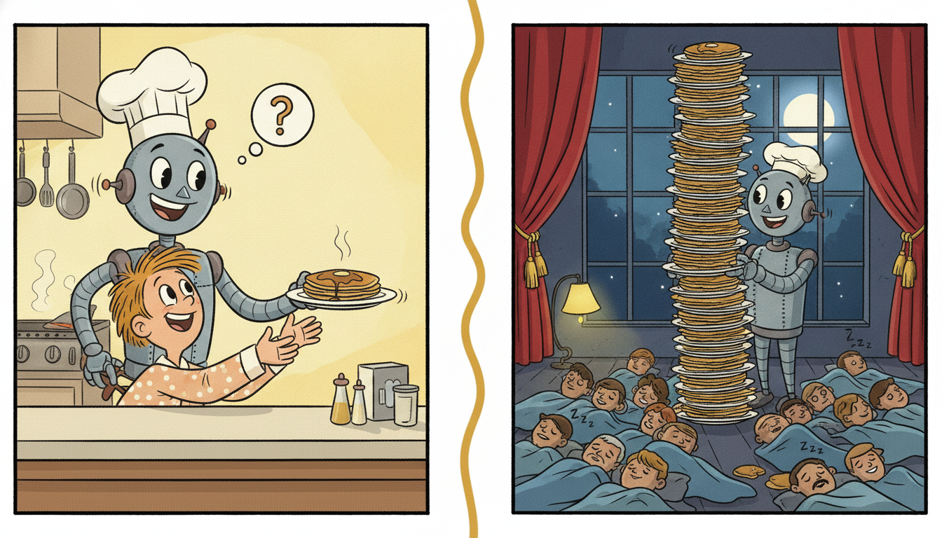A robot cook serves one plate instantly to a waiting customer while behind a curtain stacking a huge tower of identical plates prepared in bulk overnight.