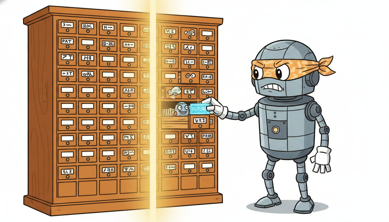 A blindfolded robot archivist pulls only the file drawers behind a glowing vertical line and refuses a future drawer trying to hand it a card from ahead.