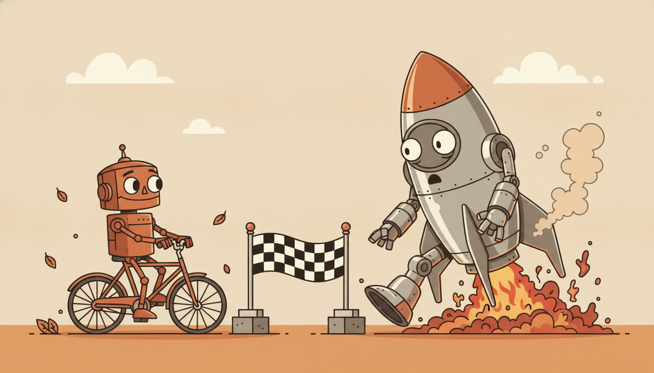 A tiny robot on a plain bicycle reaches a nearby finish flag relaxed while a giant rocket-powered robot arrives a hair later after burning a huge pile of fuel for the same short trip.