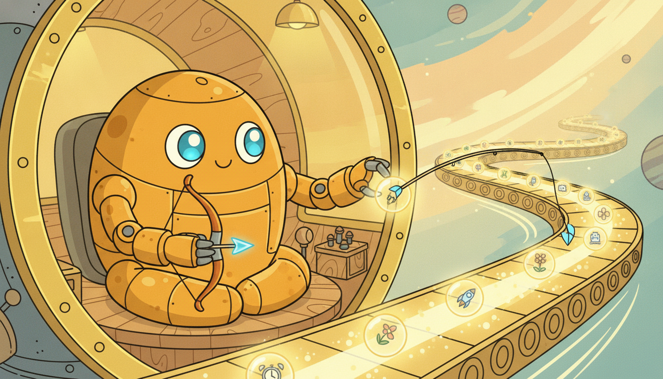 A robot operator scoops moments off a flowing river of time and tosses a small prediction arrow one step ahead of the current.