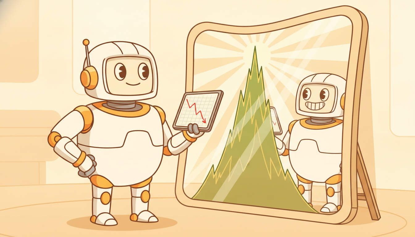 A trader robot admires a flattering soaring curve in a funhouse mirror while the flat disappointing real curve sits ignored in its hand.