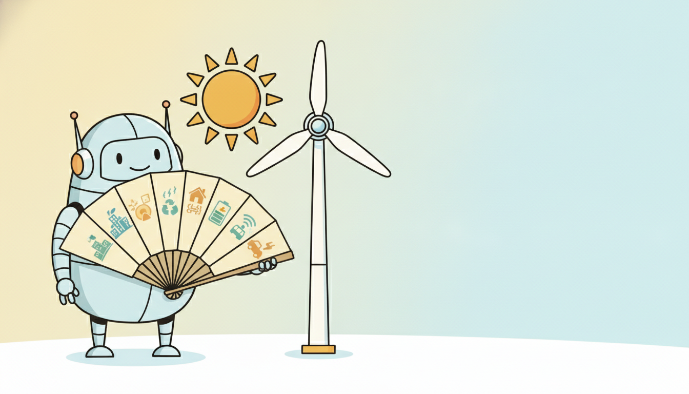 A grid operator robot holds a paper fan whose blades spread into many possible futures beside a turbine and sun, planning around the whole range.
