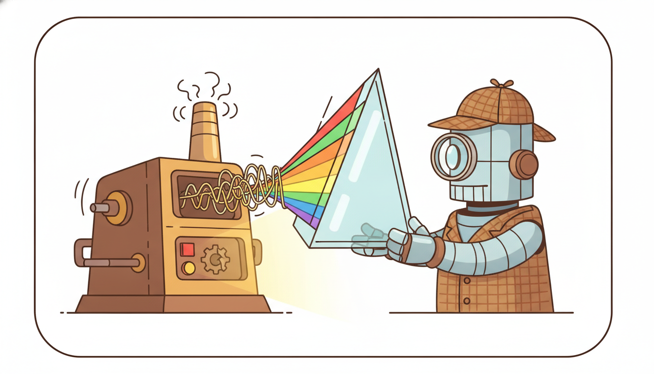 A detective robot holds a prism to a vibrating machine, splitting its tangled vibration into clean frequency bands with one band glowing to reveal a fault.