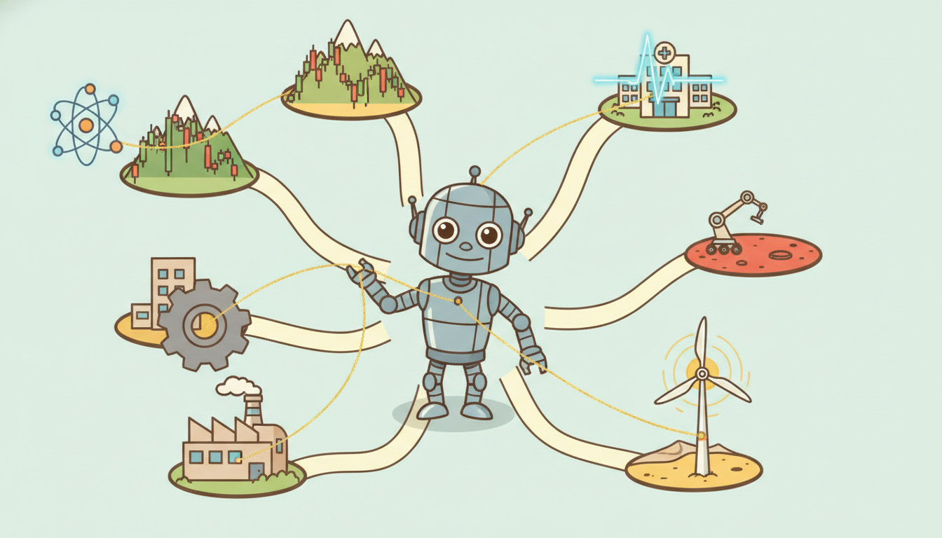 A robot at the center of six paths each leading to a different industry vignette, holding one thread that connects finance, health, factory, energy, robotics, and science.
