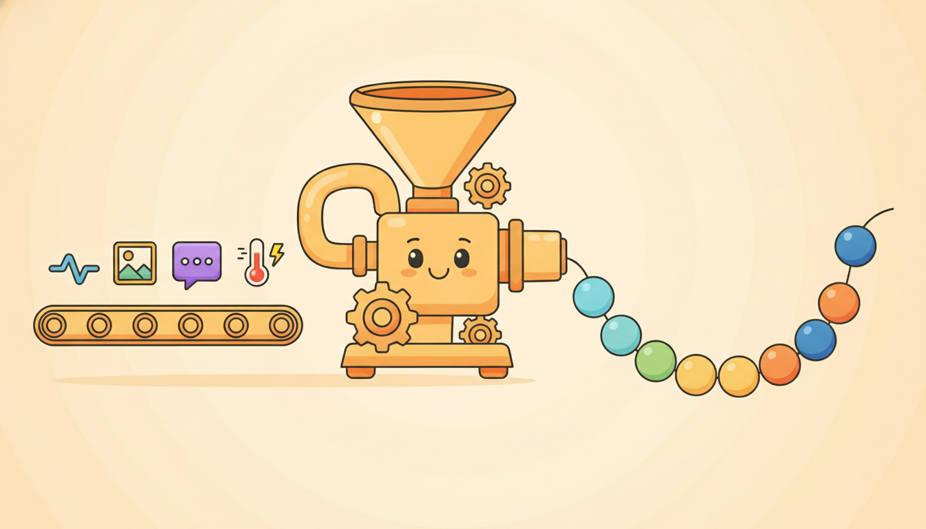 A friendly machine converts varied inputs like a waveform, photo, speech bubble, and temperature droplet into identical beads and strings them on one thread, showing six modalities reduced to one token format.