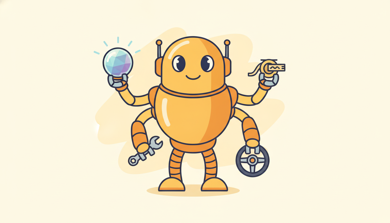 A single friendly robot sprouts arms holding a crystal ball, a wrench, a memory spool, and a steering wheel from one central body, showing prediction, tools, memory, and action converging into one foundation agent.