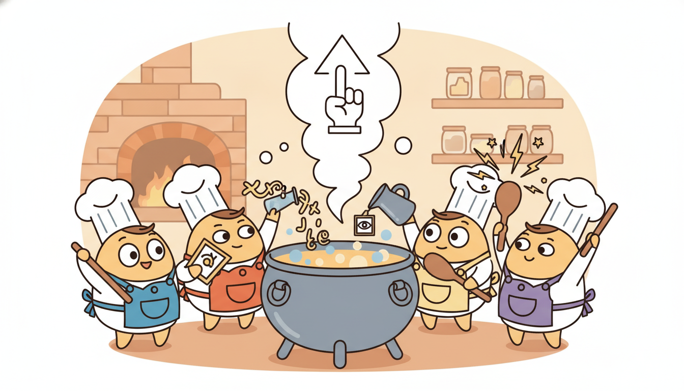 Several cooks pour different ingredients (numbers, letters, a picture, an event spark) into one shared pot whose steam forms a single pointing arrow, showing many modalities fused into one decision.