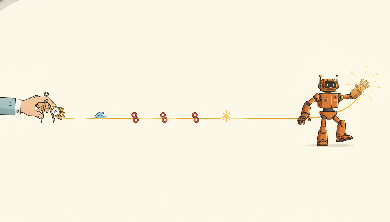 One continuous glowing thread runs from a small old measuring gadget through milestones like a wave, a loop, and an attention starburst to a confident robot reaching forward, showing the unbroken line from Kalman filter to foundation agent.