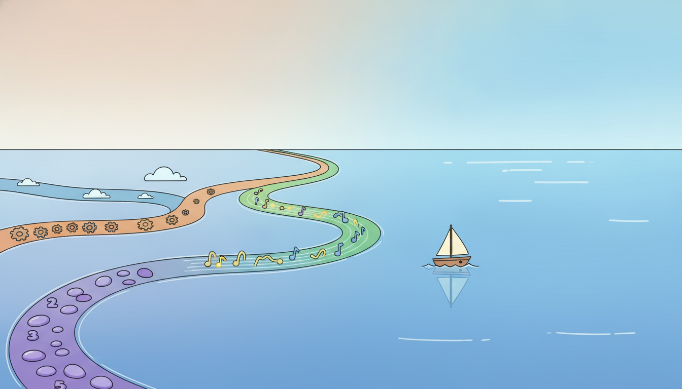 Many differently colored rivers carrying different cargo merge into a single shining sea where one small boat sails, showing diverse temporal problems uniting into one approach.