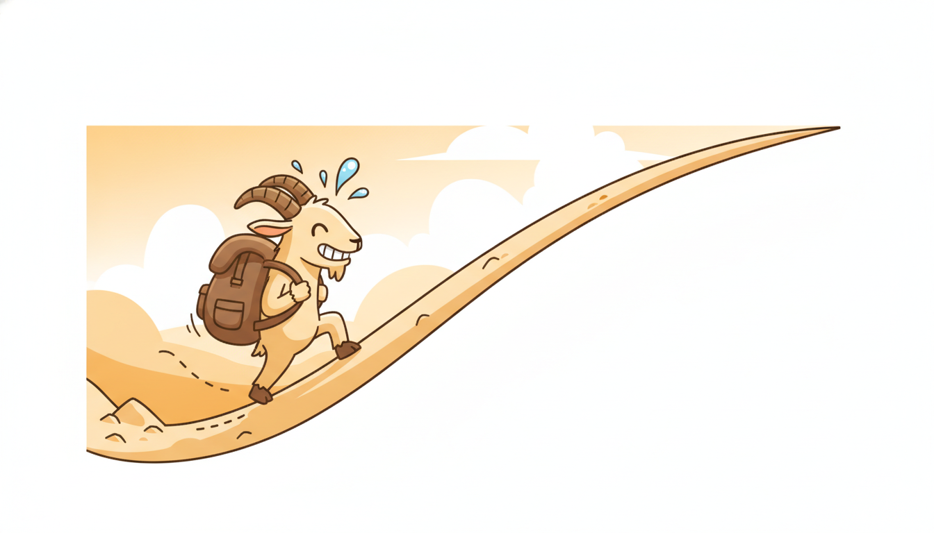A climber with a growing backpack ascends a slope that starts steep then flattens to a plateau, each step rising less, showing diminishing returns of the power-law scaling curve.